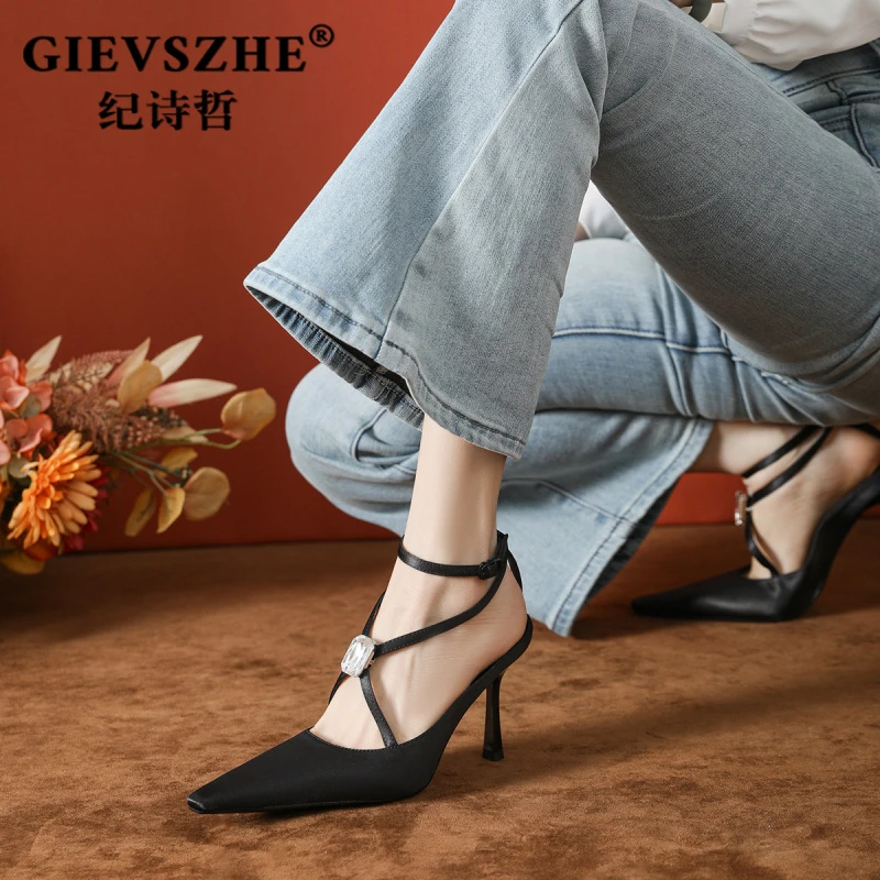 纪诗哲女鞋新款镂空缎面黑色交叉绑带高跟鞋女秋季高级感百搭凉鞋