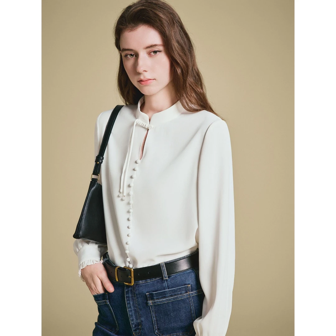 诗篇2025年新款时尚气质抗皱国风白色新中式衬衣6C65130033