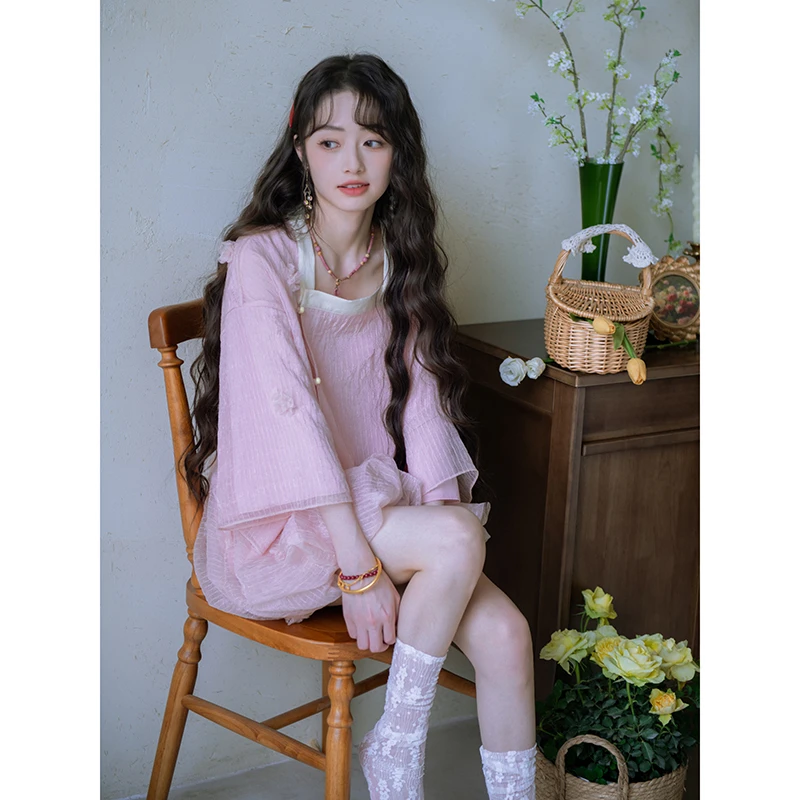 南风谷【桃芙】精致立体花朵甜美少女感上衣花苞短裙日常国风套装