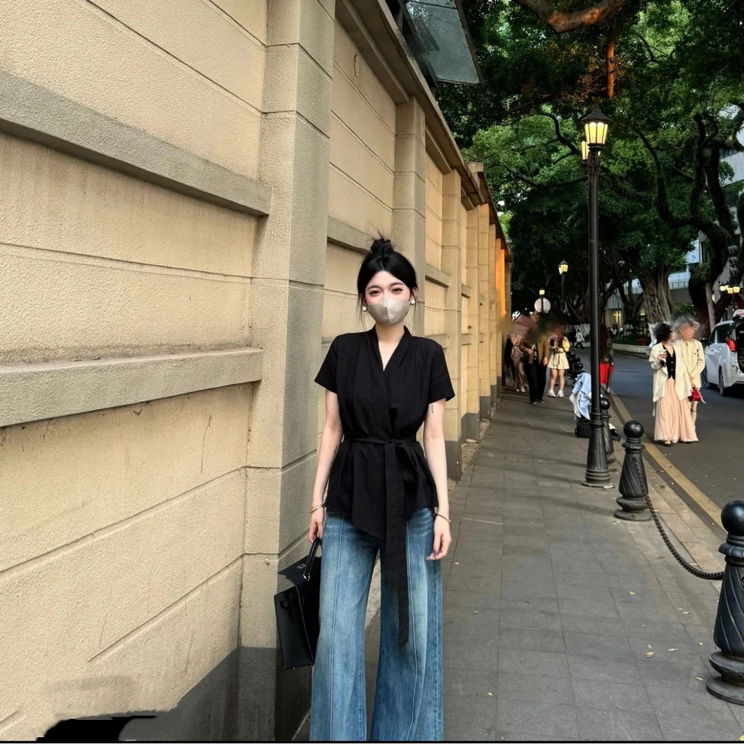 大码正肩短袖t恤女2025夏季新款高级感衬衫胖MM遮肉显瘦上衣-7048