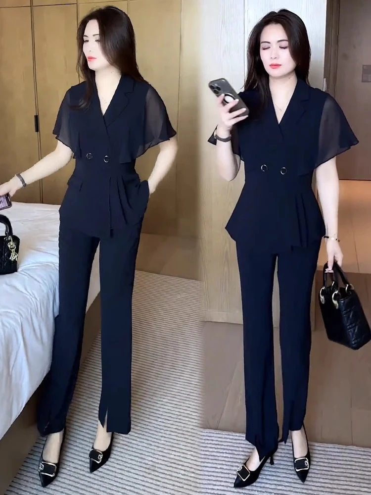 时尚套装女2025夏季新款时髦洋气V领雪纺短袖上衣阔腿裤两件套潮