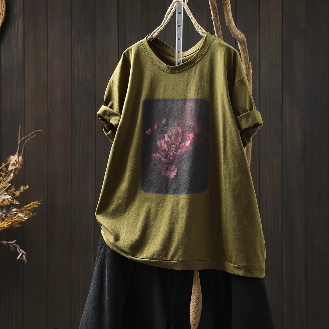 荷花印花棉质短袖t恤女2025夏季新款文艺复古宽松百搭圆领上衣潮