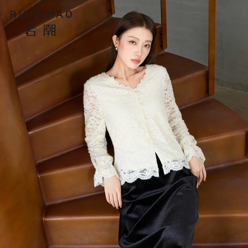 林一专属3474大码女装2025冬季新款蕾丝花边V领小衫打底显瘦dbc