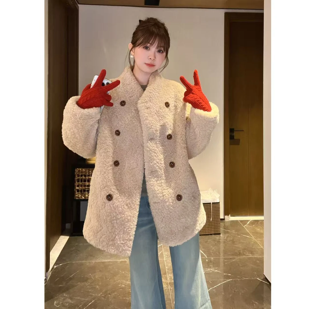 人造皮草 2025新款女双排扣中长款冬季软糯毛毛外套百搭气质大衣