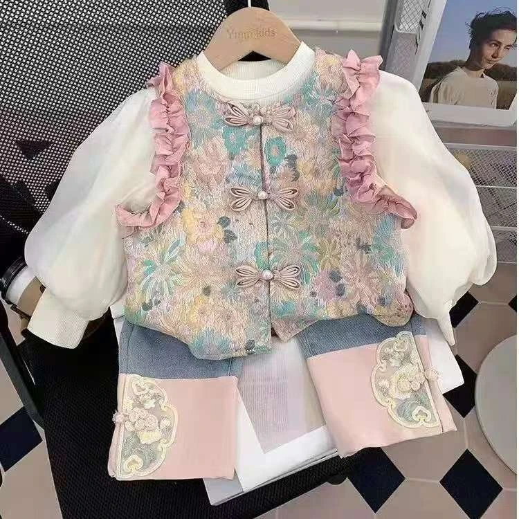 【定制款】女童套装洋气春秋儿童碎花国风上衣裤子外出服女宝套装