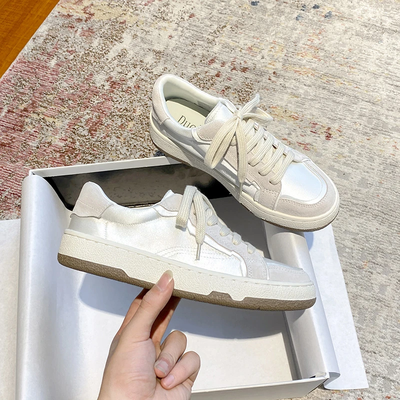西班牙绸缎小白鞋女2025夏季新款百搭小众鞋德训鞋厚底运动板鞋女