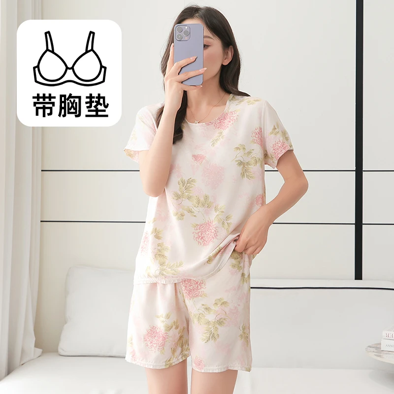 夏季棉绸胸垫款睡衣短袖短裤薄款圆领舒适透气大码女士家居服套装