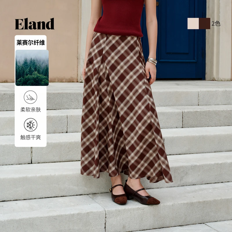 Eland衣恋度假风复古女士中长款格纹收腰半身裙气质风EEWHF37E52