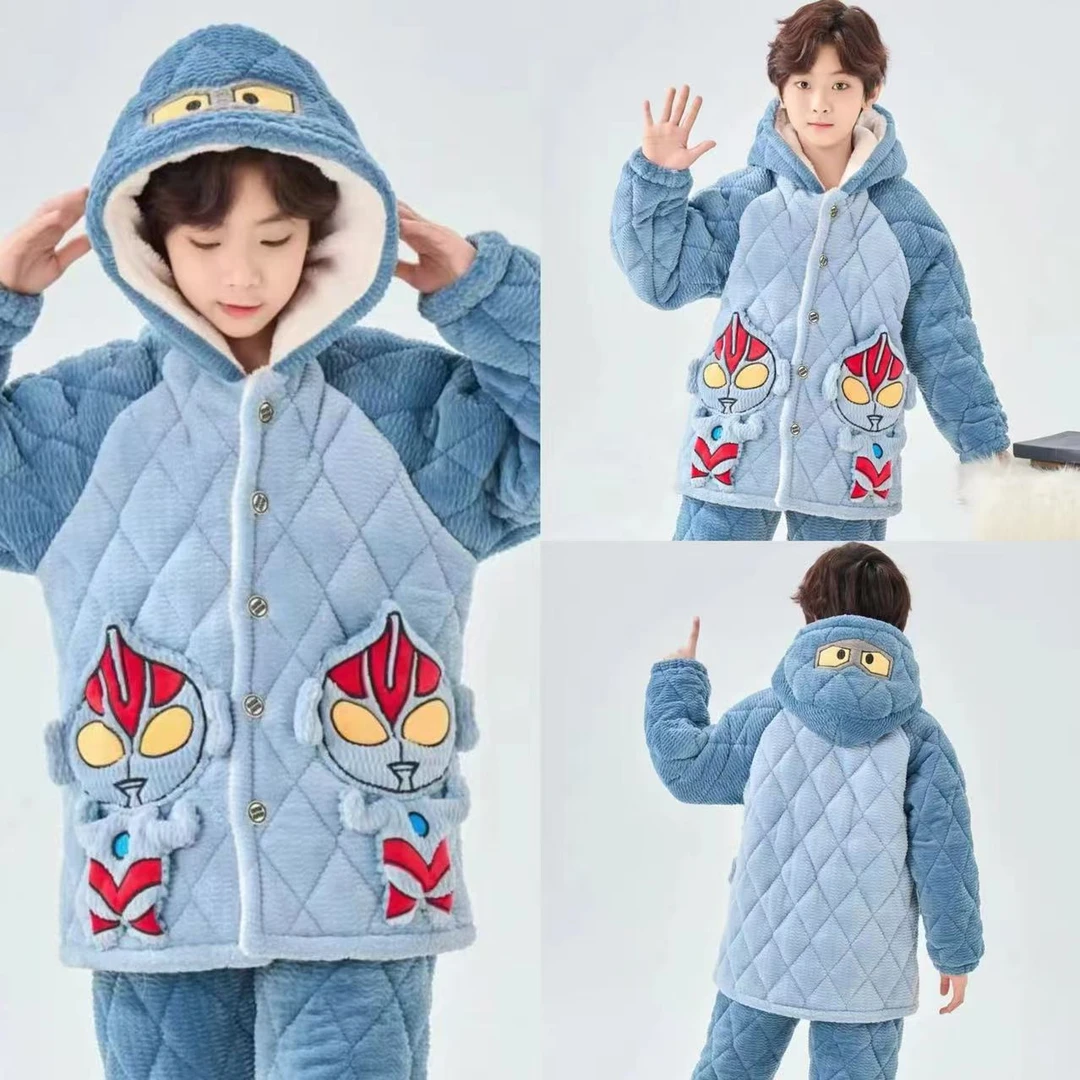 880 中童冬季新款奥特曼口袋连帽三层加厚家居服套装