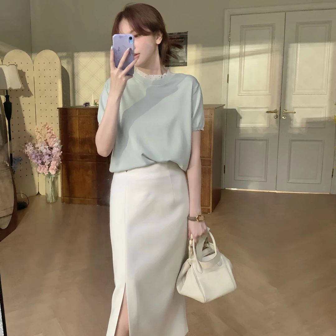 【芝士Cheese】夏日花信 薄荷冰爽丝设计感针织t夏季百搭减龄显瘦