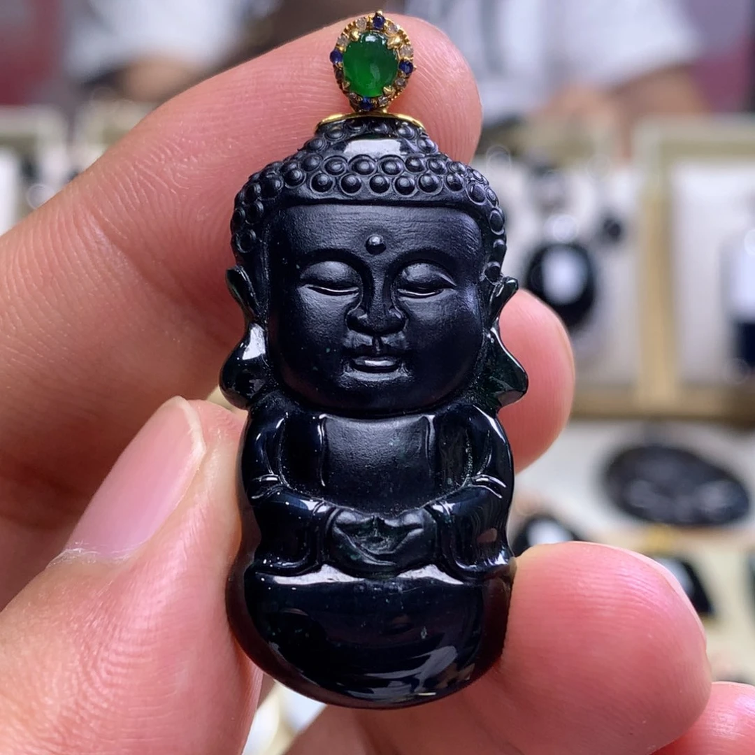 颈饰18K金镶嵌翡翠墨翠宝宝佛