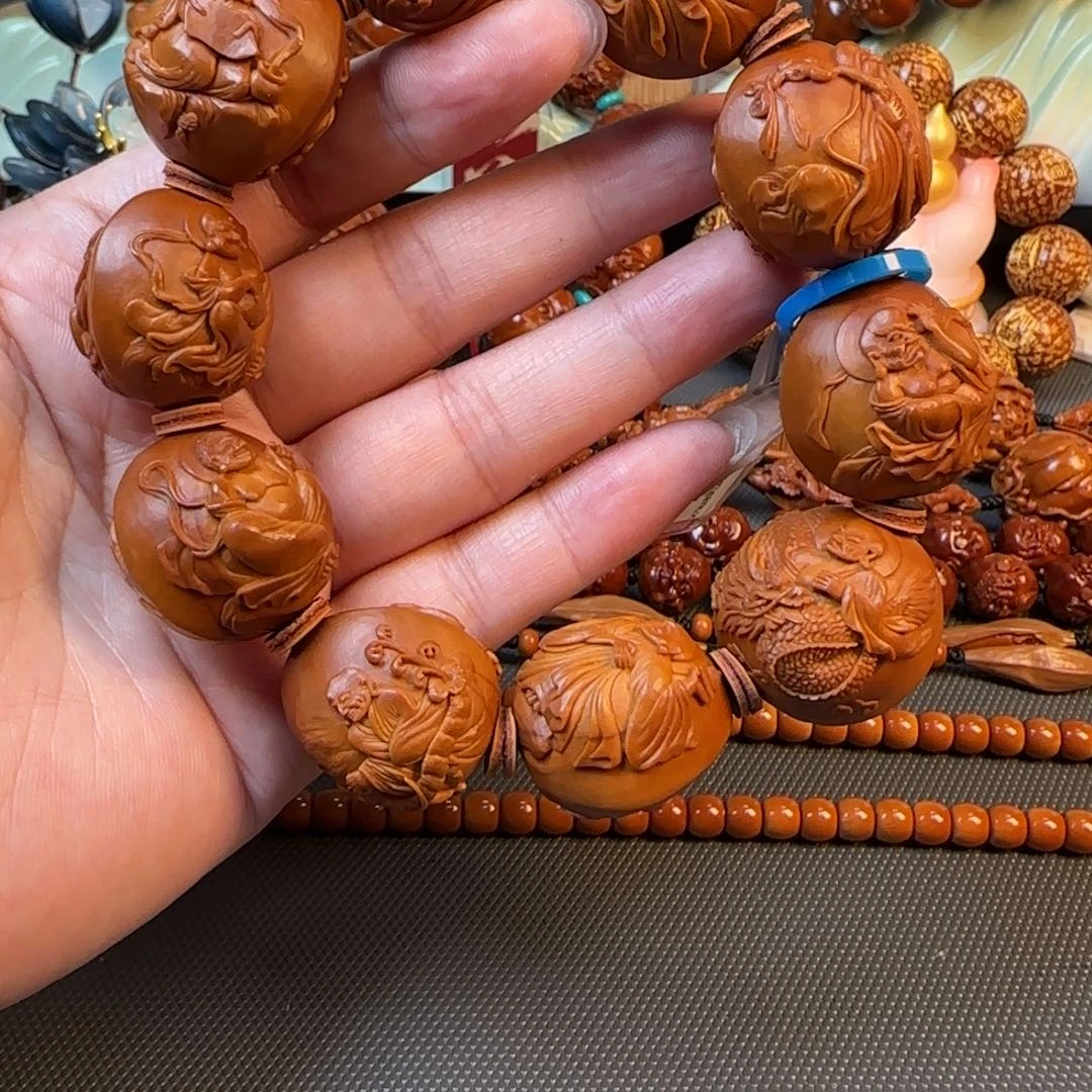 橄榄核手串/手链宽2.5鸡血红梅林核双面浮雕十八罗汉