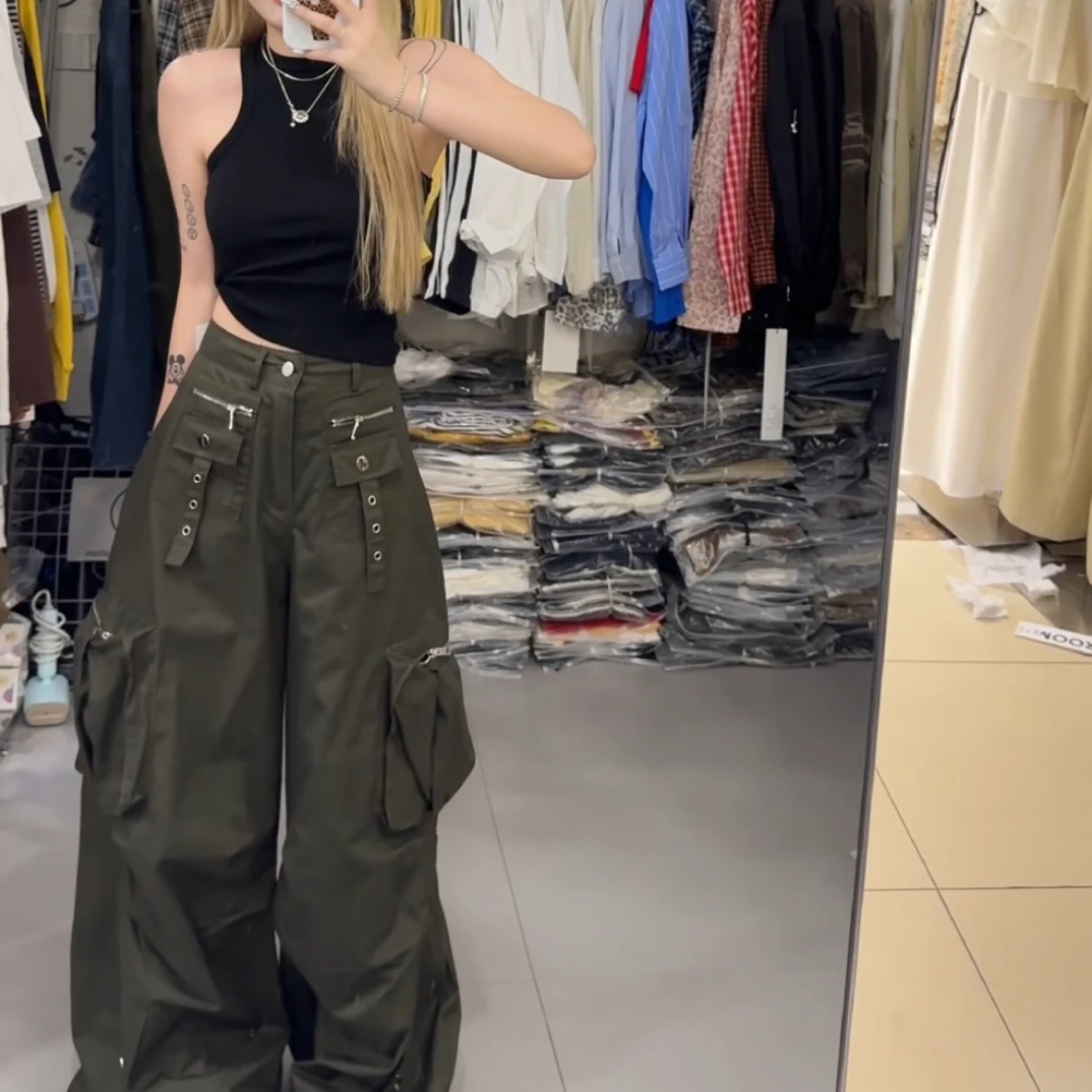 美式辣妹风时尚百搭背心搭配拉链口袋阔腿工装裤套装