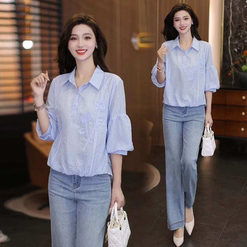 时尚条纹衬衣女2025春夏新款洋气百搭宽松显瘦遮肉灯笼袖衬衫上衣