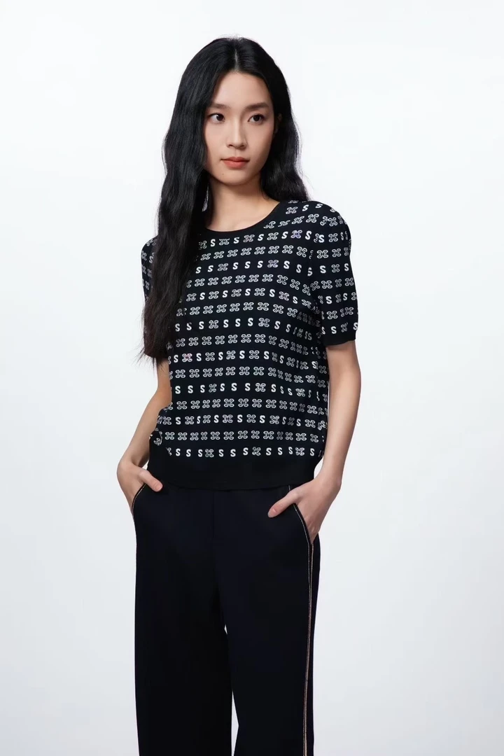 声雨竹7R703秋季圆领常规款短袖蓝色毛针织衫提花百搭失序混搭风