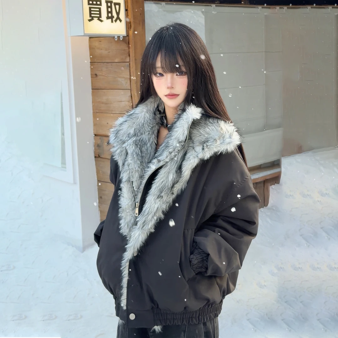 ZCNT1200克双层假两件翻毛领座山雕夹克外套男女冬季加厚保暖棉衣