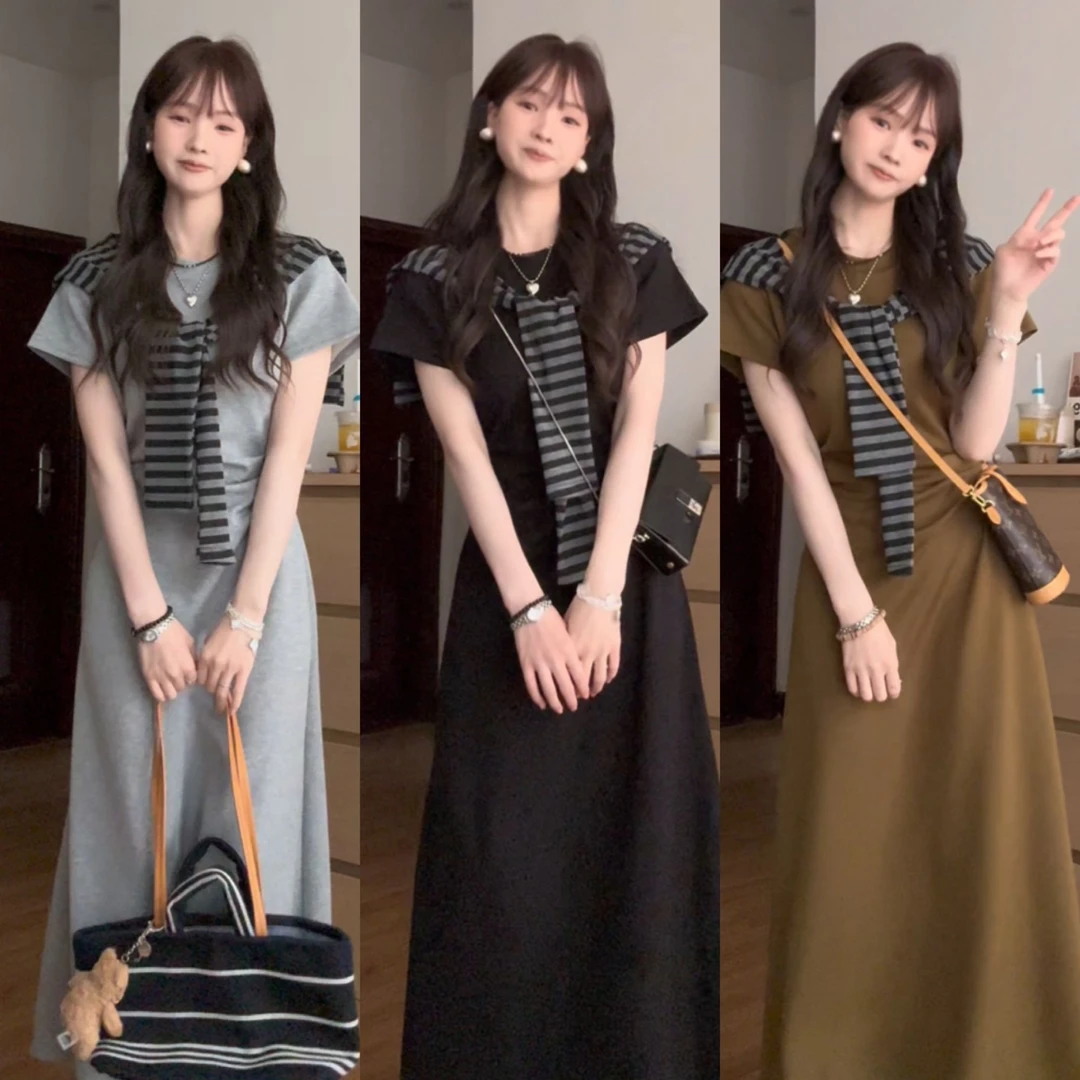 原创街头风极简风夏季短袖圆领连衣裙时尚显瘦韩版长裙