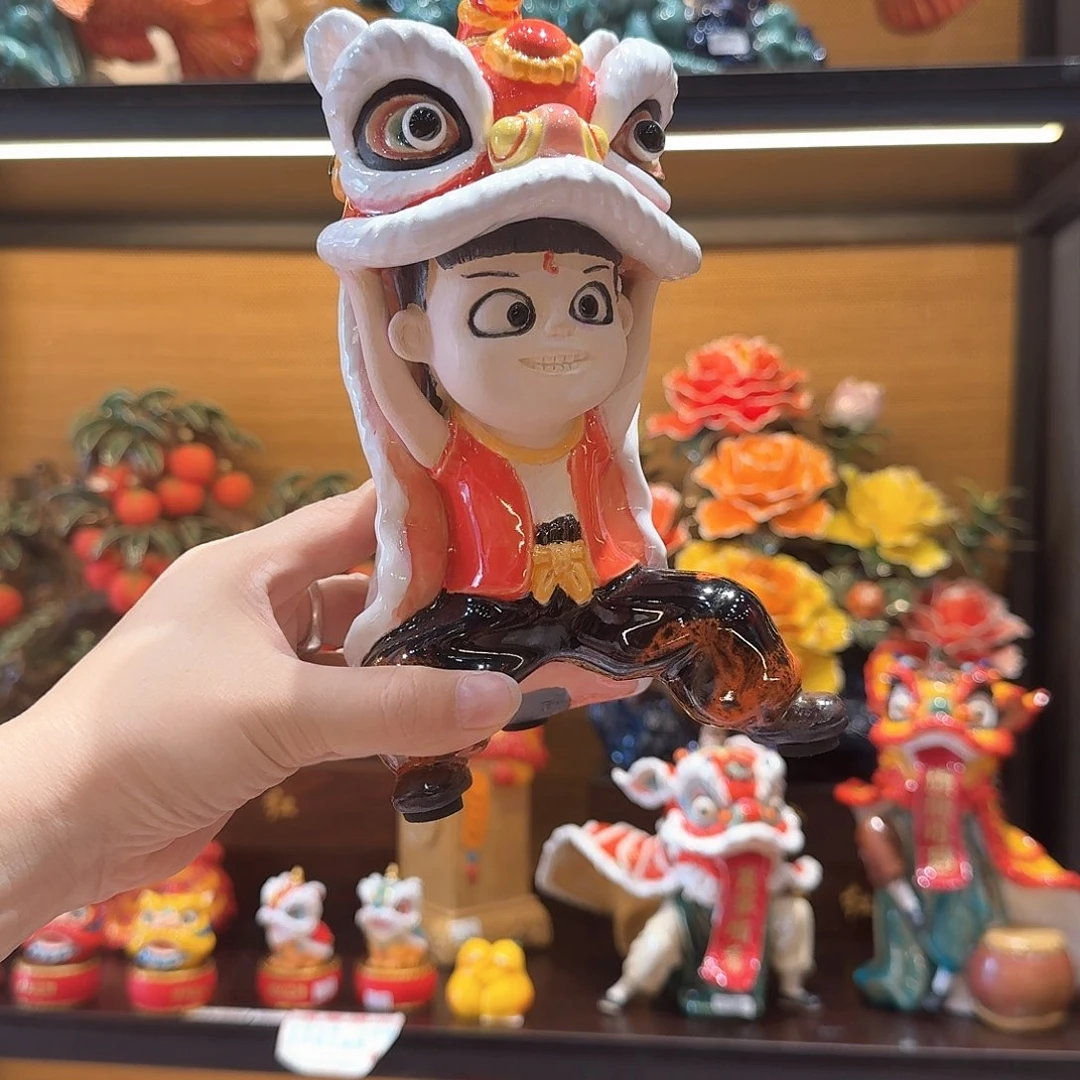陶瓷哪吒醒狮摆件