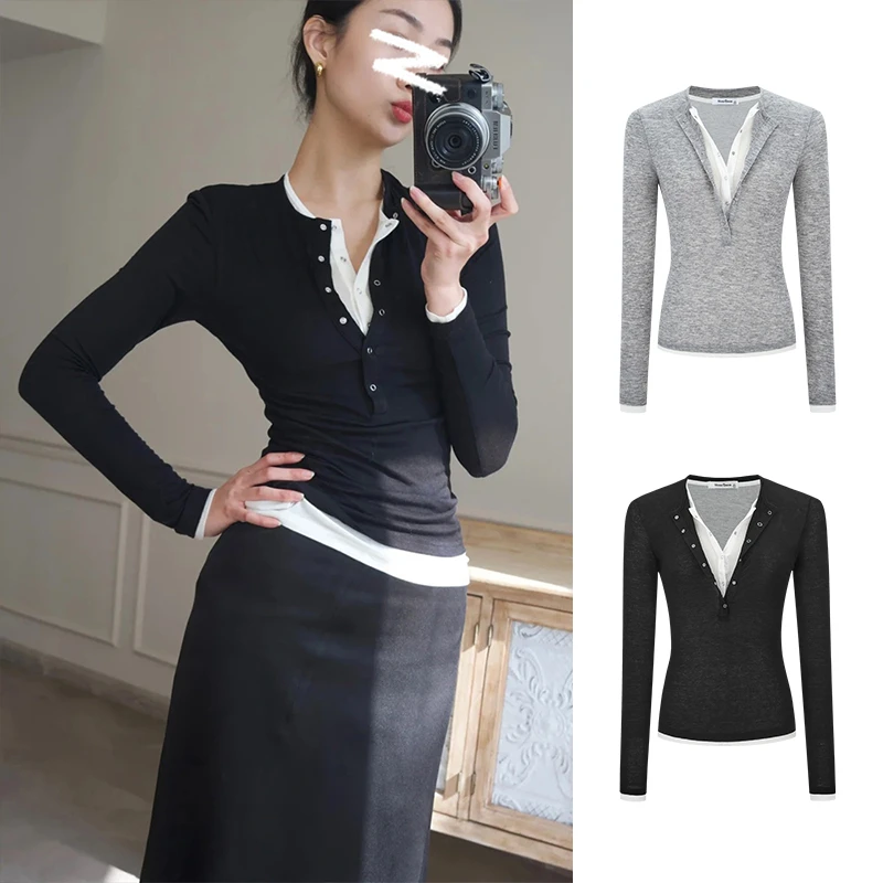 Moses Queen/魔西女王半开领撞色上衣拼接两件套女内搭修身长袖T