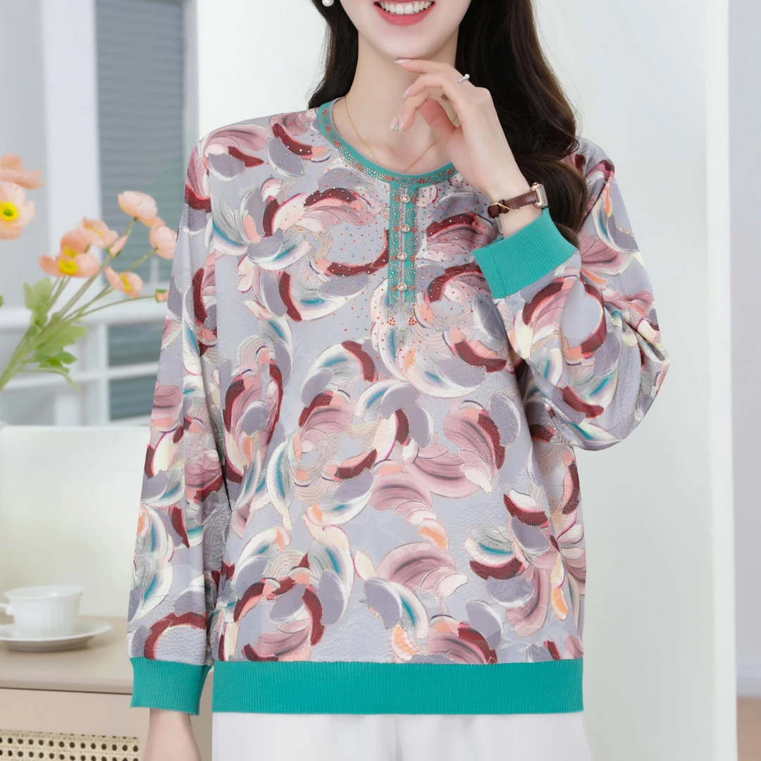 花瓣新款中老年妈妈装气质春秋长袖洋气时尚女士宽松印花大码休闲