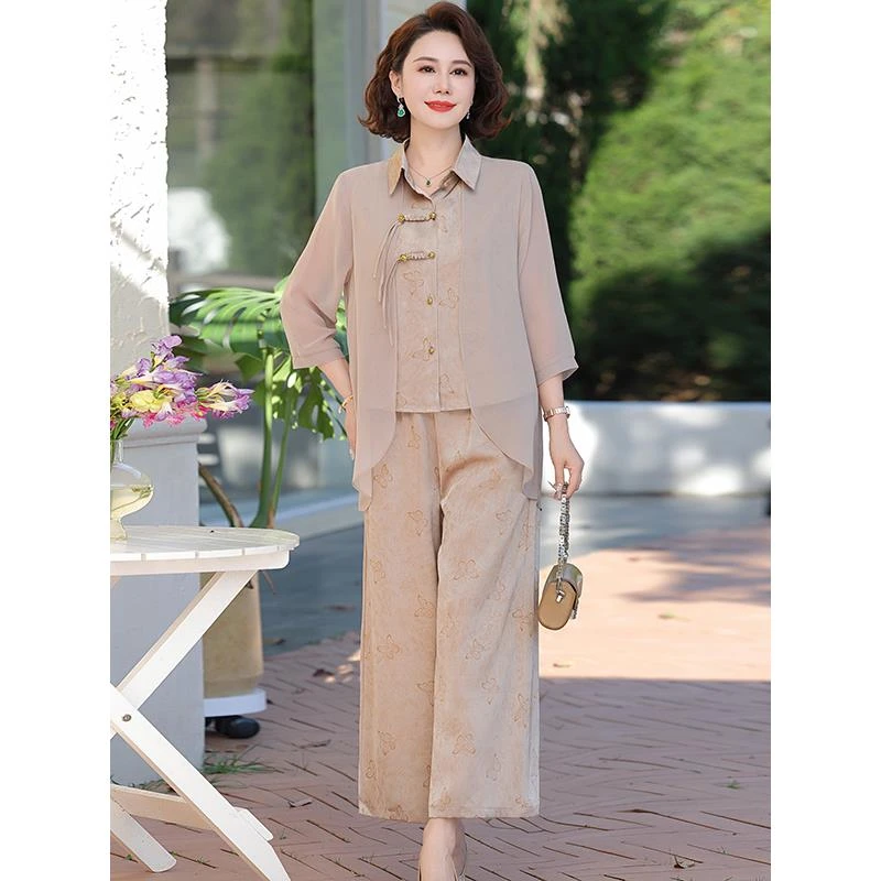 新中式国风时尚套装2025新款夏季端庄大气中年妈妈女士假两件套装
