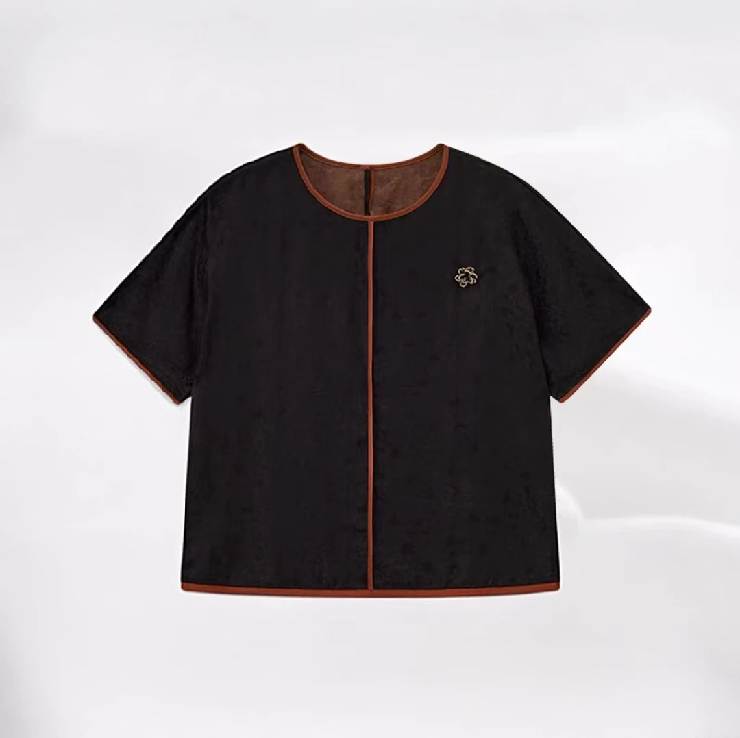 香云纱提花花螺桑蚕丝圆领上衣宽松型时尚女士纯色LW 825088