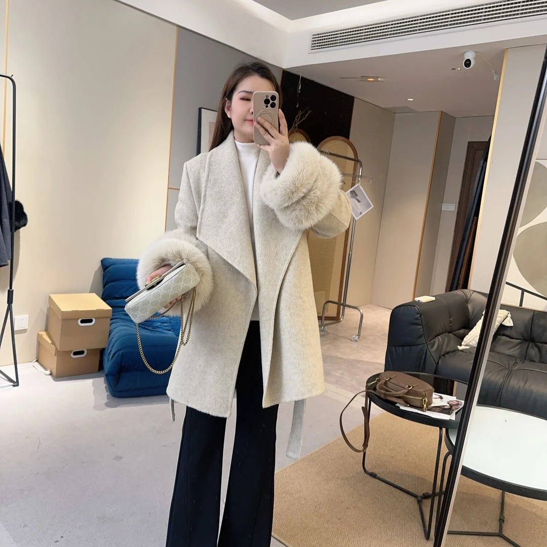 【欧加粒粒】可拆卸狐狸毛袖套翻领羊毛外套中长款千金感 R25102320