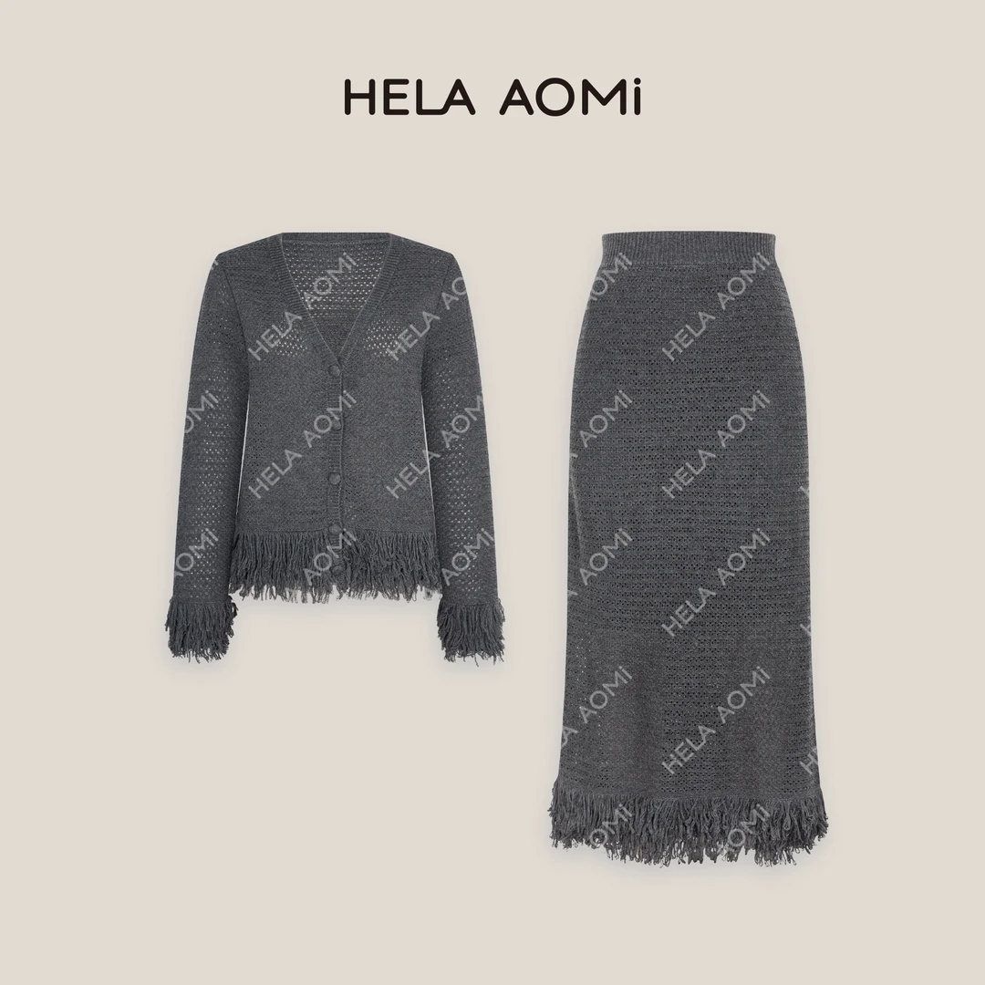 HELAAOMI “流苏套装”绵羊毛单排扣V领上衣+轻奢高级感半裙套装
