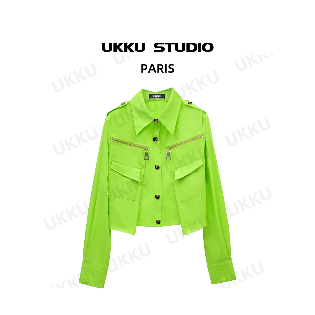 【UKKUSTUDIO】气质时尚休闲短款潮流轻奢翻领衬衫512718