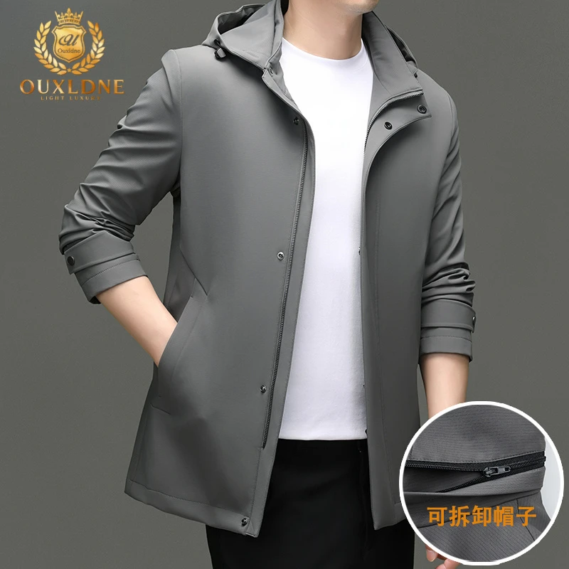 OUXLDNE 商务连帽风衣男士中长款免烫抗皱中青年可脱卸帽防风外套