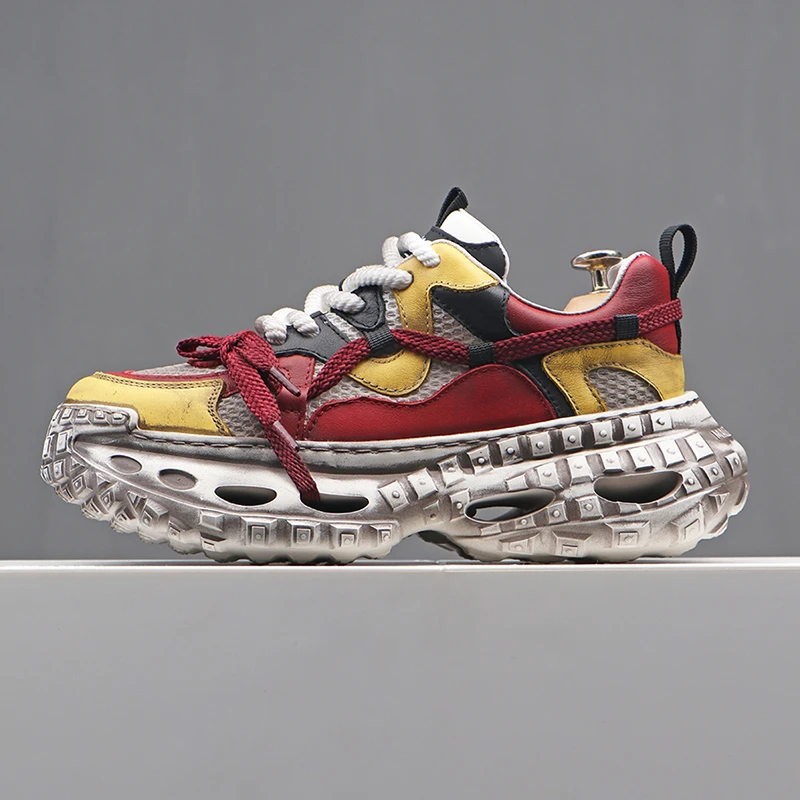 牛皮拼网老爹鞋男2025新款厚底夏季透气软底运动网鞋百搭潮鞋真皮