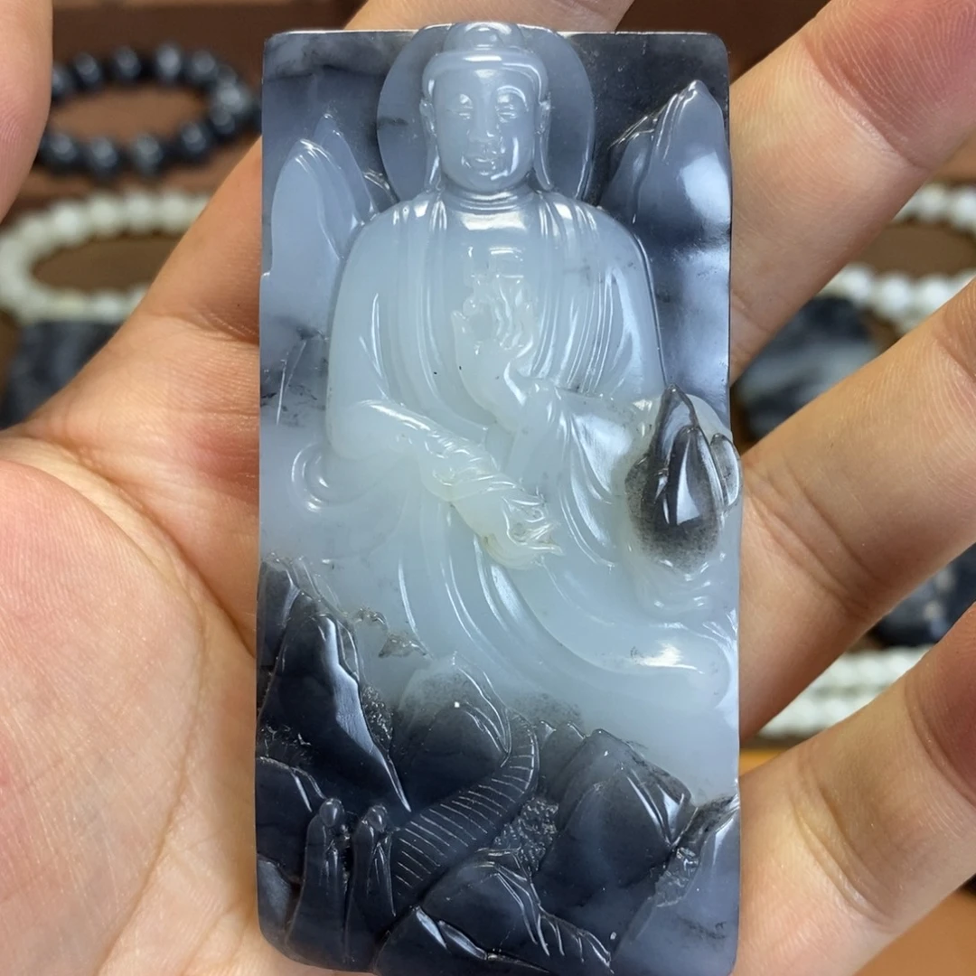 和田玉未镶嵌把件新疆和田玉青花黑白大日如来手把件