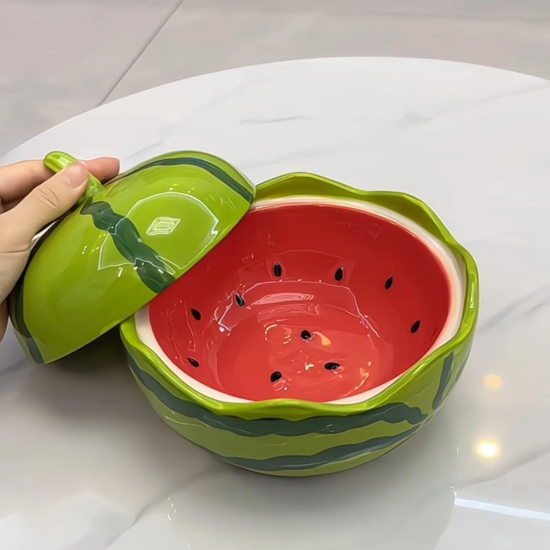 西瓜泡面碗家用大容量带盖汤碗陶瓷耐高温学生宿舍个人专用汤面碗