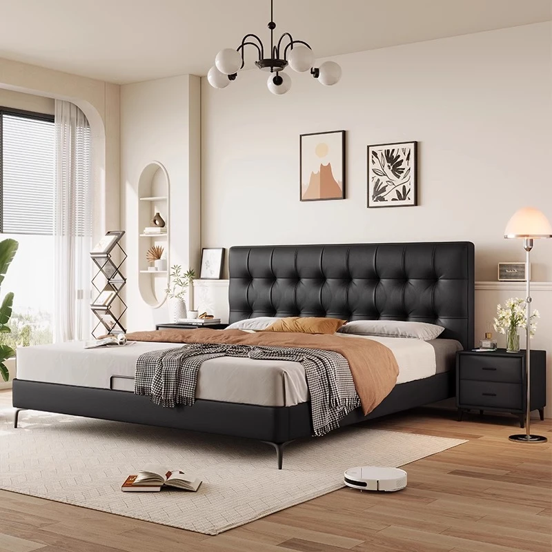 真皮床双人家具主卧床现代简约储物劳伦斯极简华夫格黑色皮床