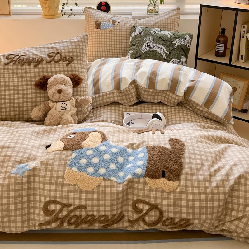 卡通咖色小短腿毛巾绣床上四件套纯棉100%全棉可裸睡被套床单床笠