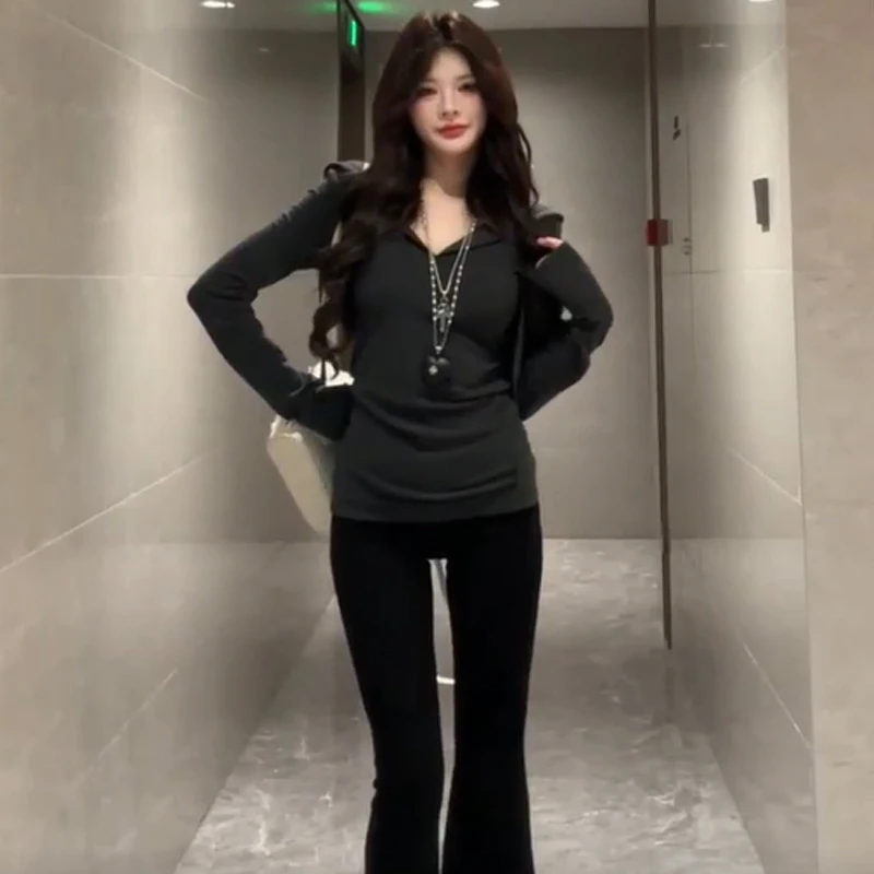 2025年春季新款美式辣妹连帽修身长袖T恤上衣休闲微喇长裤套装女