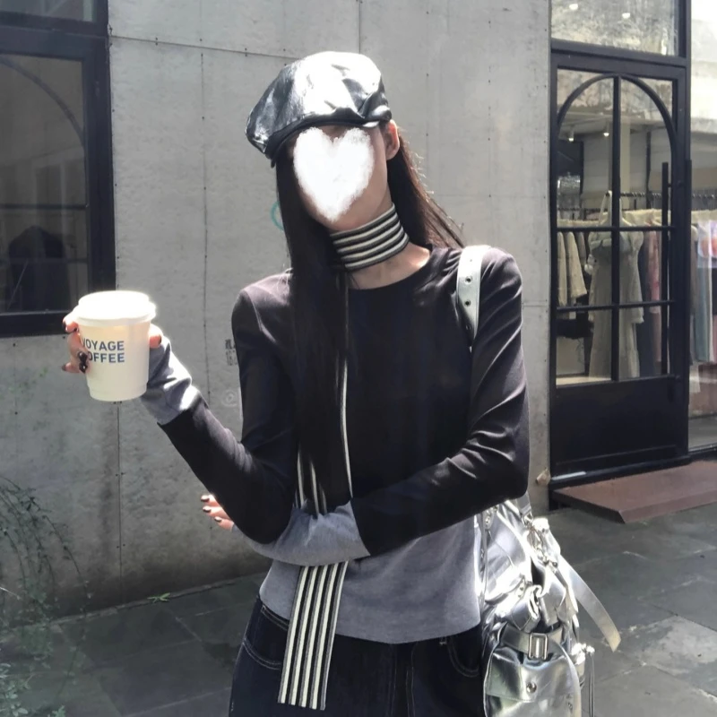 2025年秋季新款韩版设计感撞色长袖T恤修身显瘦纯欲辣妹百搭上衣