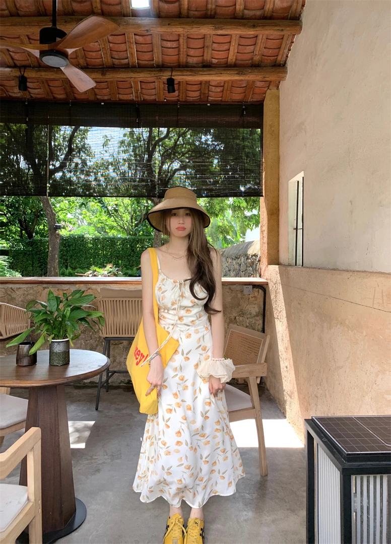 大码微胖韩版气质甜美小清新田园风碎花吊带连衣裙可爱淑女长裙