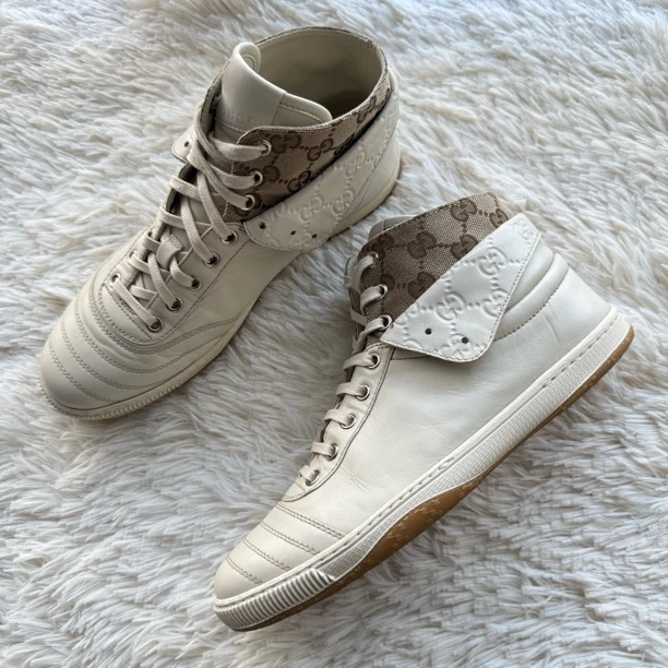 95新 GUCCI/古驰 皮革双G高帮板鞋 37.5码 公价7.2k c0112