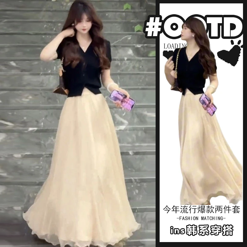 夏季新款洋气减龄两件套清冷松弛感穿搭黑色针织短袖t恤半裙套装