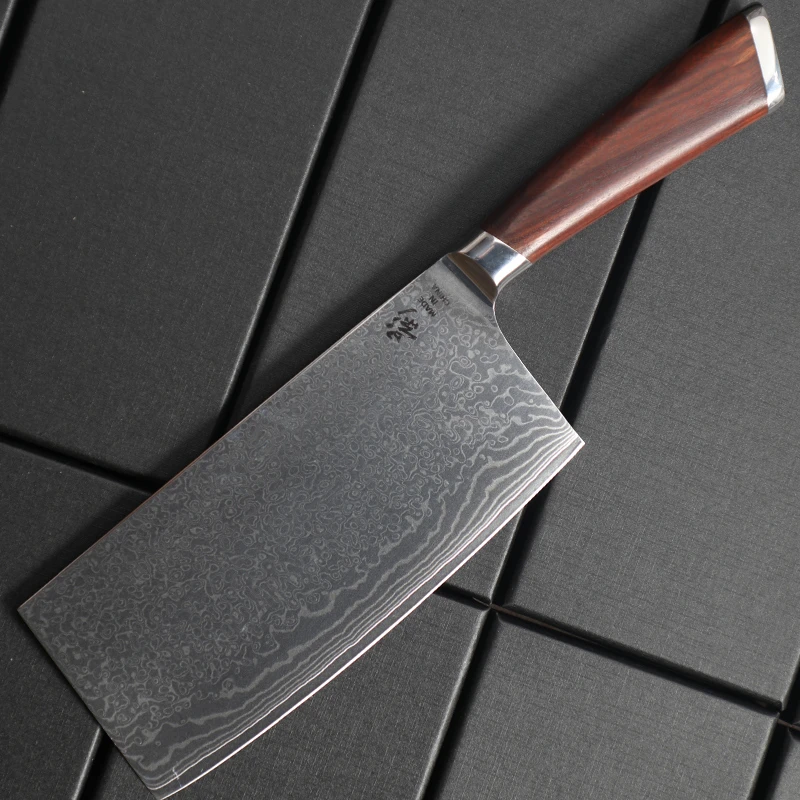 大马士革钢材红檀木雨滴纹中式切片10cr15mov家用刀