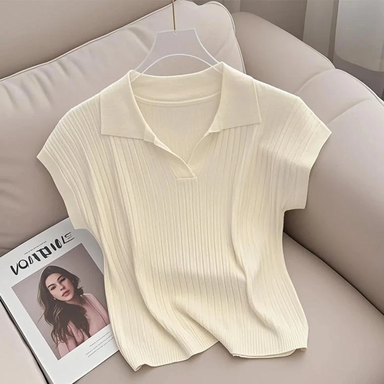 法式高级感气质半开领短袖针织衫女装夏季新款小个子时尚显瘦上衣
