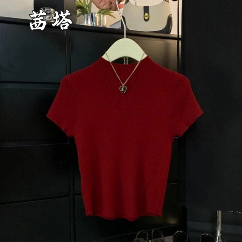 气质高级感立领正肩针织短袖t恤女夏季独特超好看甜辣修身短上衣