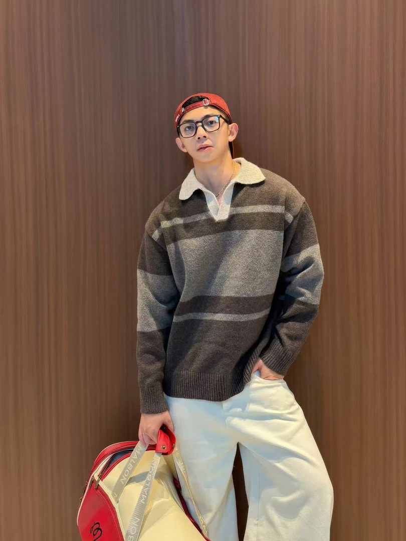浩仔STUDIO百搭款抗皱防起球撞色条纹POLO领毛衣男女毛衣68-68898