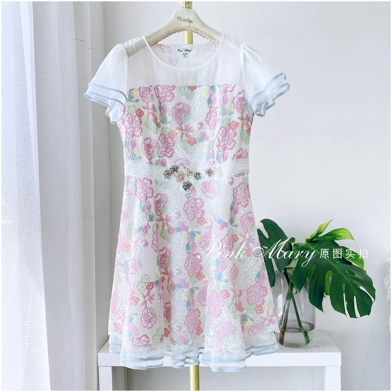 PinkMary粉红玛琍粉蓝色圆领短袖碎花连衣裙子女时尚PMAFS511052