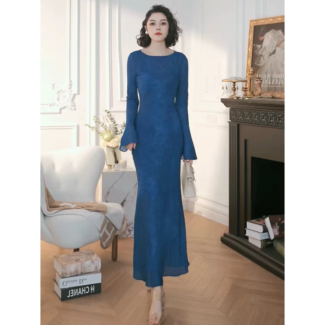 XUANYAN 蓝色长袖连衣裙气质显瘦优雅斜裁长裙
