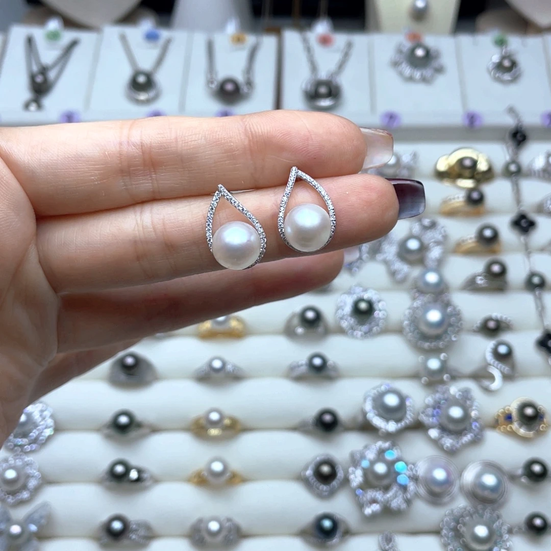 银S925镶嵌海水珍珠耳饰9-10mm