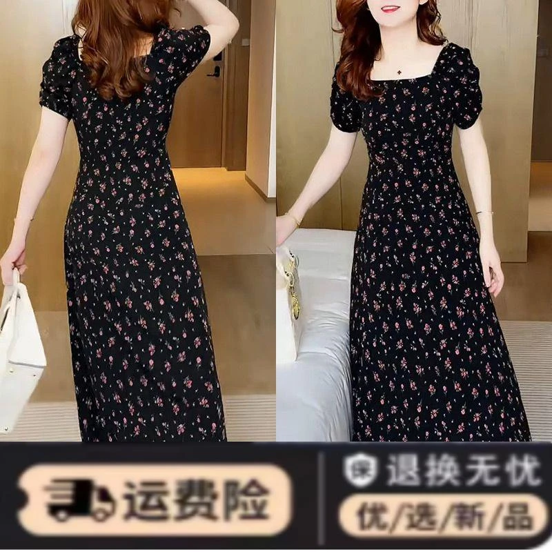 2024夏新款时尚减龄泡泡袖开叉裙子女气质显瘦方领碎花短袖连衣裙