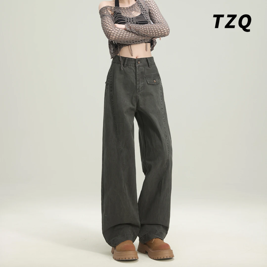 美式高街复古军绿工装牛仔裤女爆款2025秋季高腰裤子TZQ25010236