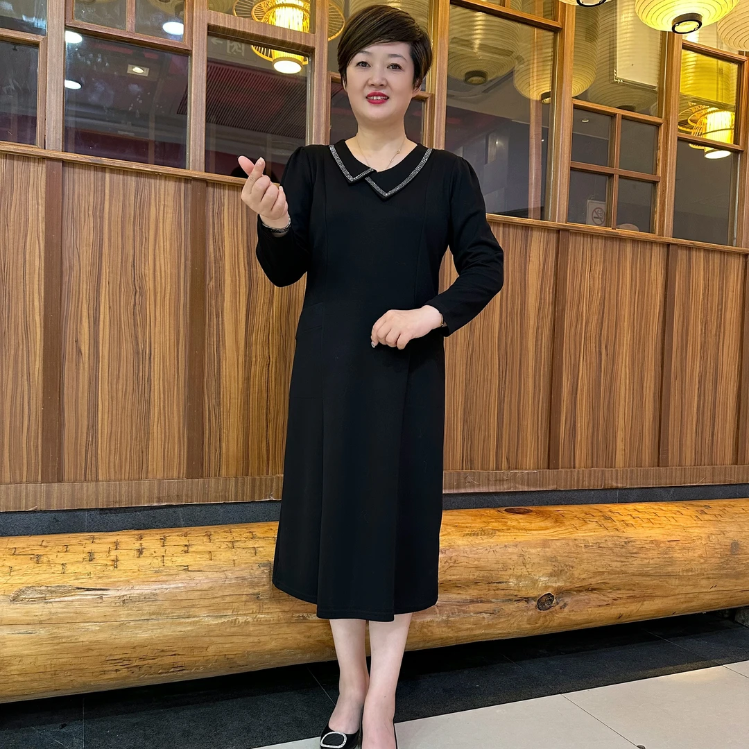 减龄透气POLO长袖秋季宽松腰高腰大码连衣裙中长款连衣裙